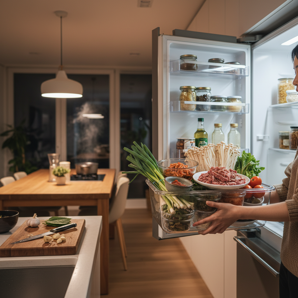 저녁 조리 시작 전에 한 번에 재료를 꺼내는 생성 이미지