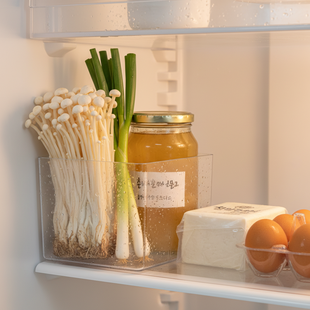 오늘 저녁에 쓸 재료만 냉장고 한 칸에 모아둔 생성 이미지