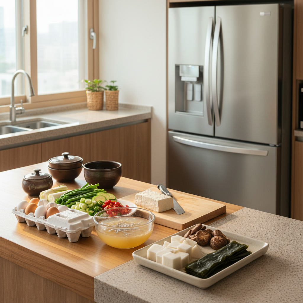 아침 햇살 아래 집밥 재료를 냉장고 앞에 차분히 정리한 생성 이미지
