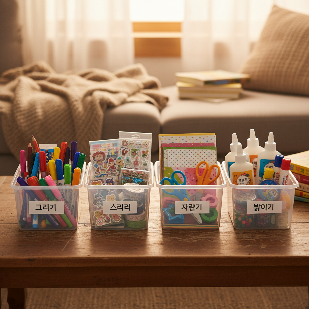 자주 쓰는 만들기 재료를 작은 바구니로 나눠 놓은 생성 이미지