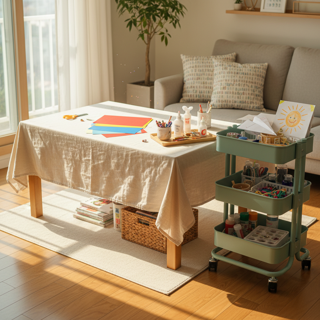 아이 만들기 테이블과 재료 카트를 따뜻하게 정돈한 생성 이미지