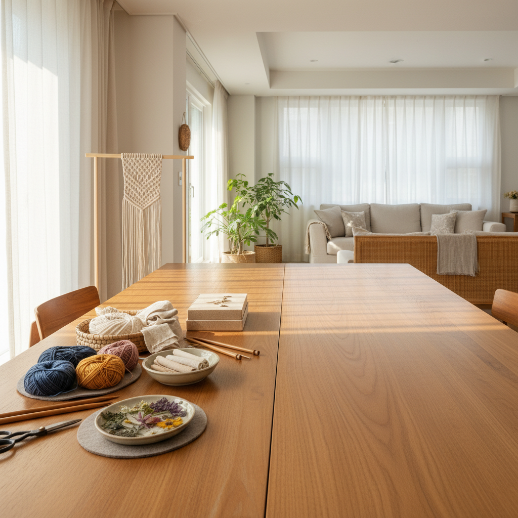 다음 놀이를 위해 테이블 한쪽을 비워 두고 재료를 다시 둔 생성 이미지