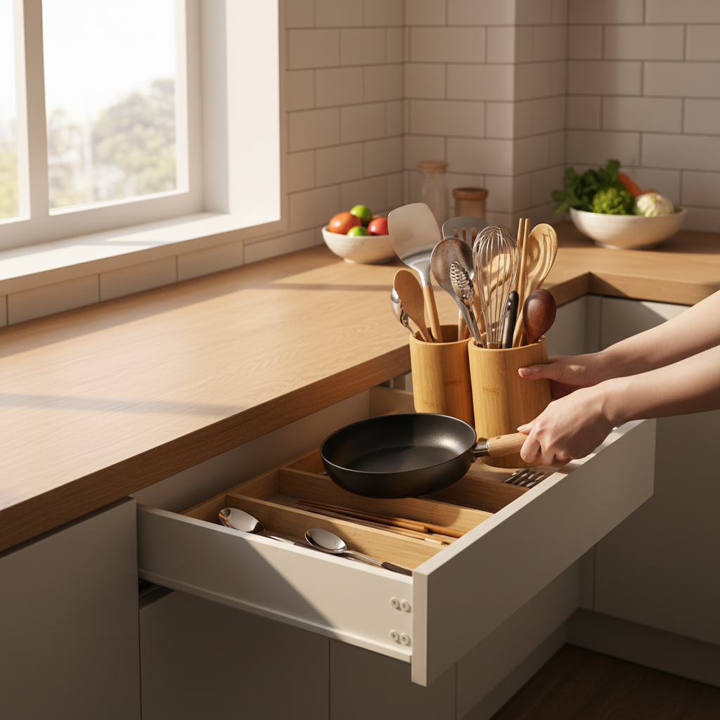 도구와 작은 팬을 같이 꺼내 두는 아침 준비 장면 생성 이미지