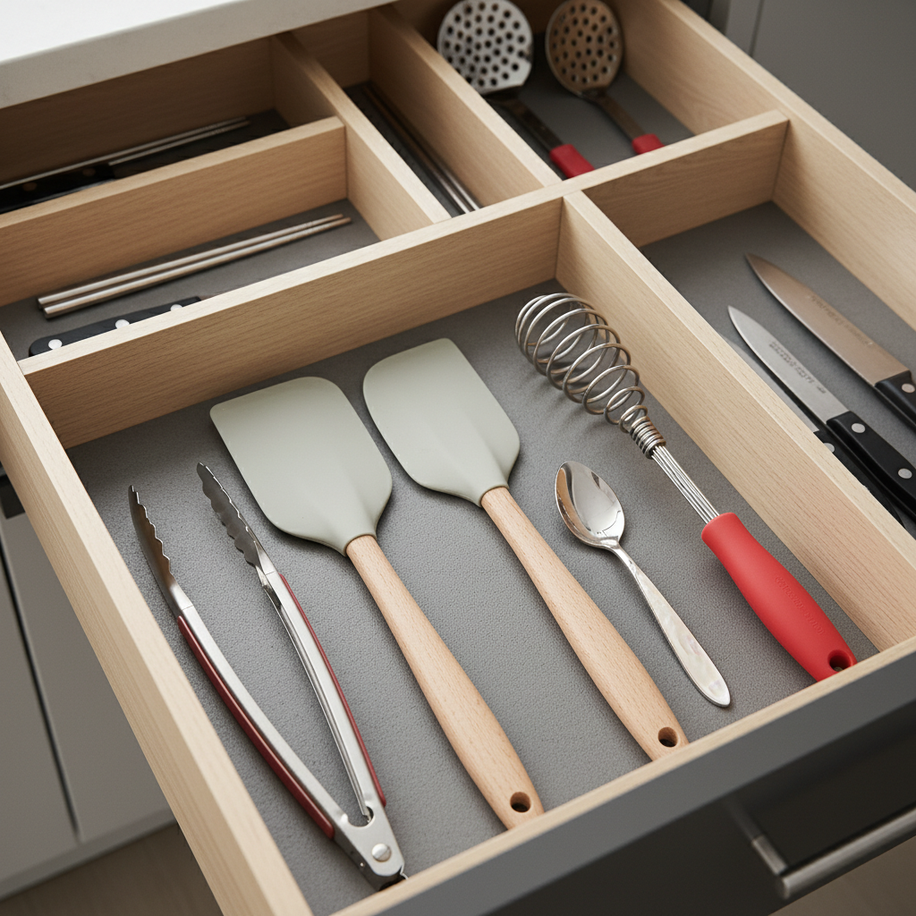 아침용 집게와 주걱, 작은 스푼을 앞줄에 배치한 생성 이미지