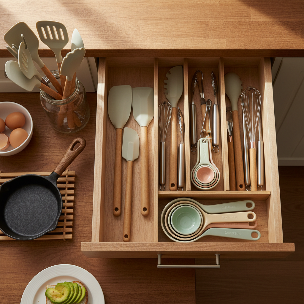 아침 조리도구가 서랍과 조리대에서 정돈된 생성 이미지