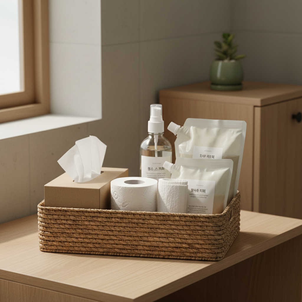 욕실 리필 바구니와 휴지, 세정제, 물티슈를 정리한 생성 이미지