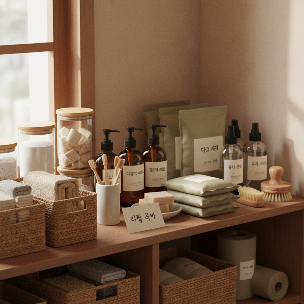 다음 교체 순서를 적은 작은 메모와 욕실용품을 둔 생성 이미지