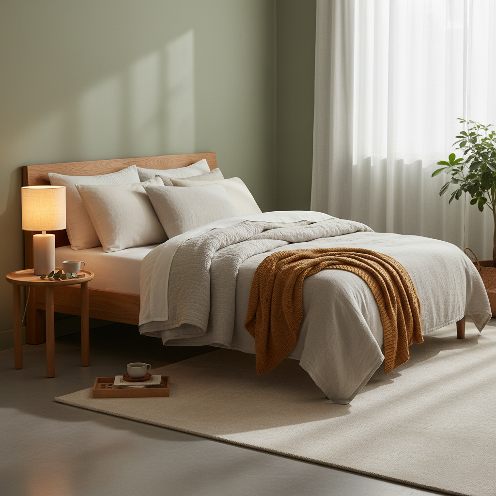 침실 패브릭과 조명, 작은 협탁을 따뜻하게 정돈한 생성 이미지