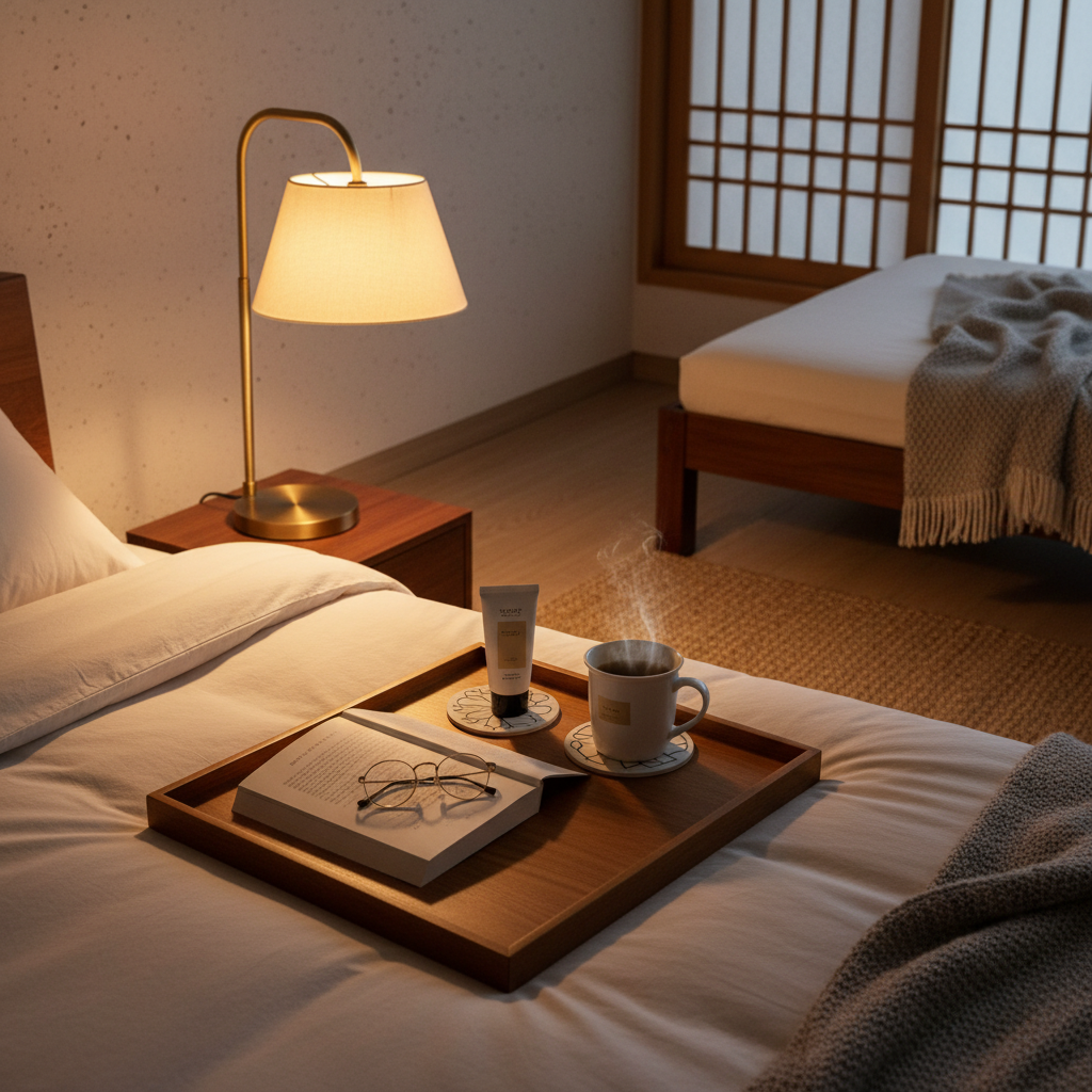 침대 옆 협탁에 책과 안경, 핸드크림을 한 트레이에 모은 생성 이미지