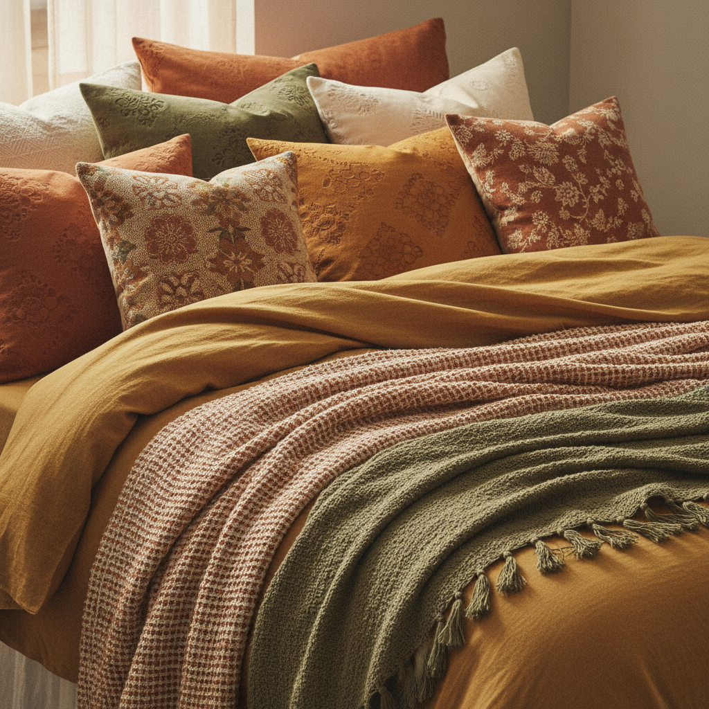 침실 패브릭을 계절 톤에 맞게 줄여 둔 생성 이미지