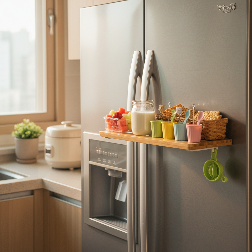 하교 후 간식 트레이와 과일, 요거트, 작은 컵을 냉장고 앞에 정리한 생성 이미지