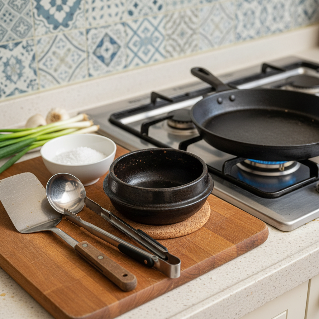 매일 쓰는 조리도구만 조리대 가까이에 남겨 둔 생성 이미지