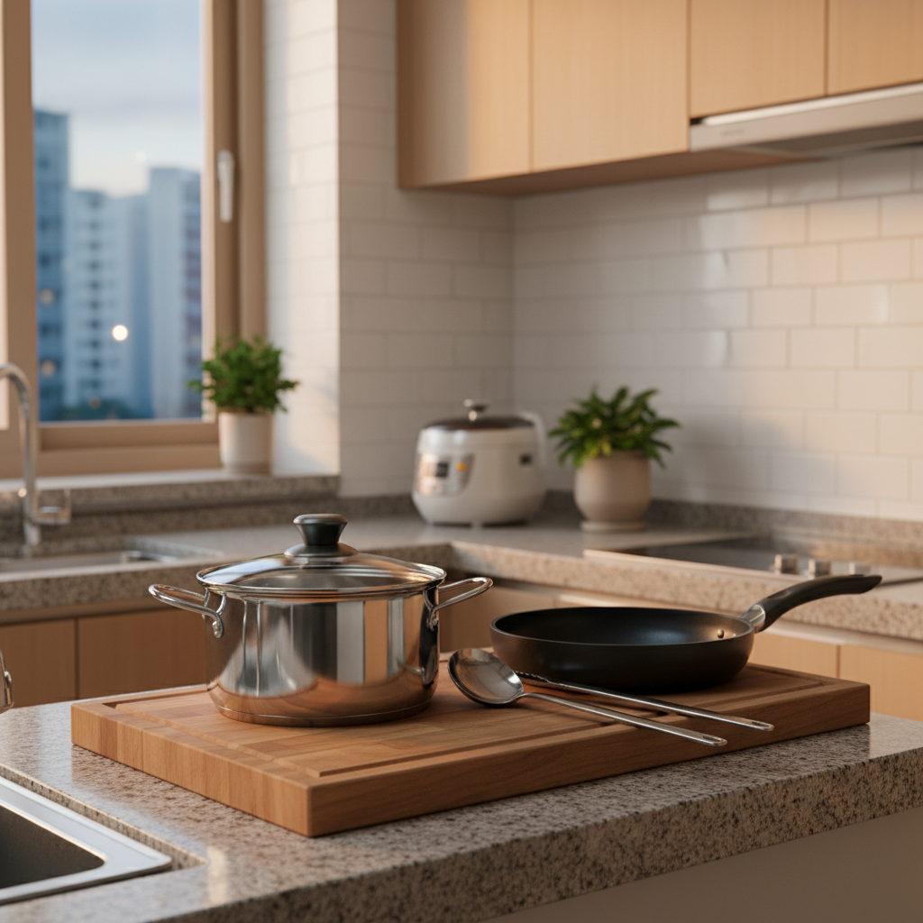 주방 조리도구와 냄비가 조리 동선에 맞게 놓인 조리대