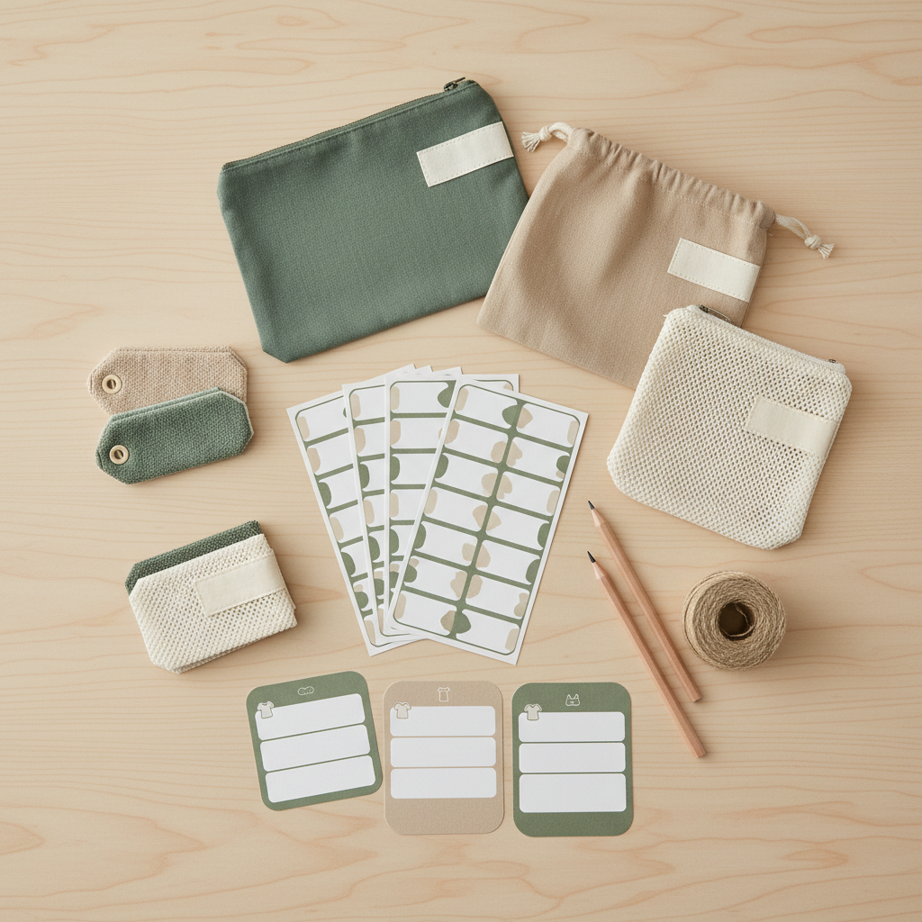 라벨이 붙은 파우치와 수건, 이름표 정리 보드를 표현한 생성 사진