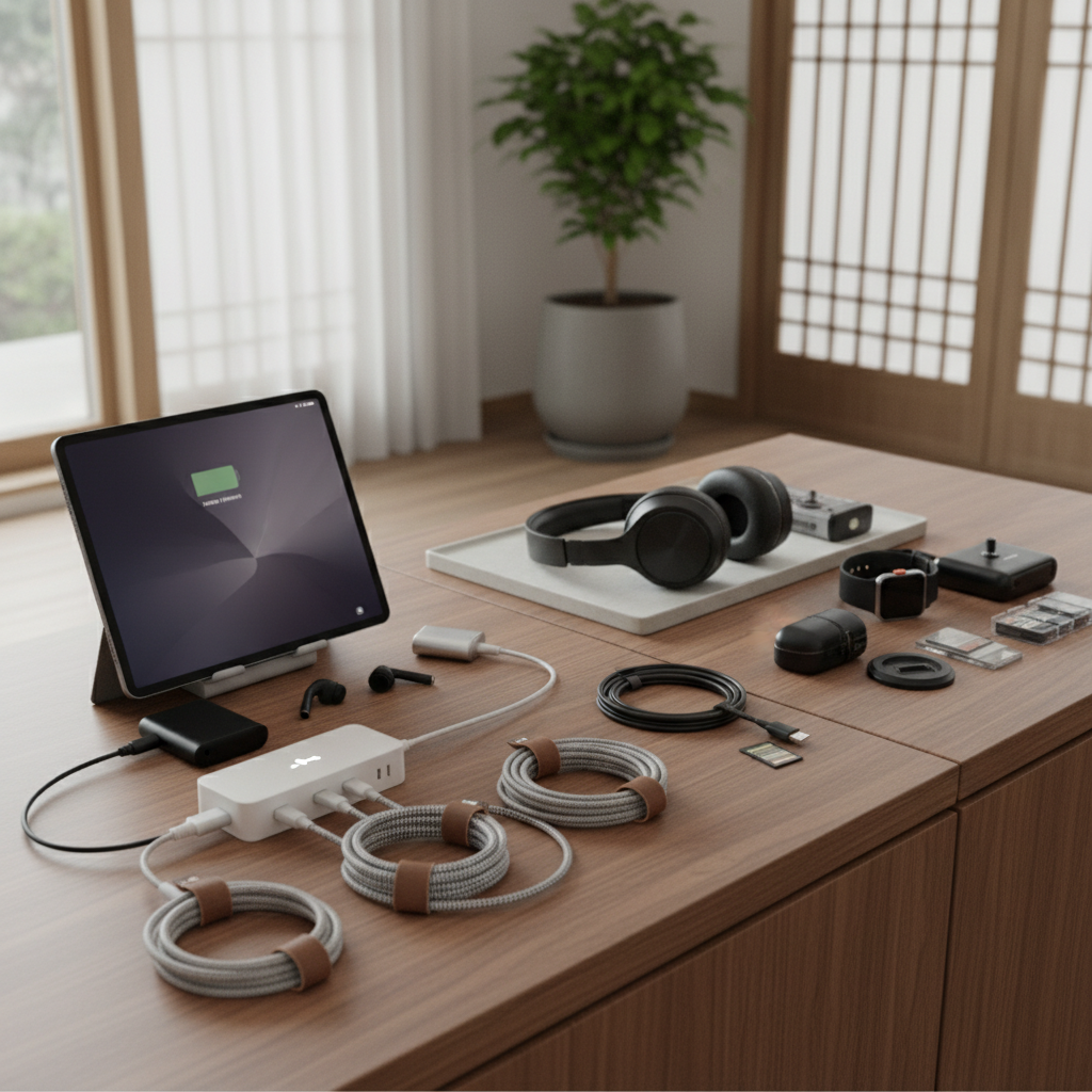 매일 충전하는 기기와 가끔 쓰는 기기를 분리해 둔 생성 이미지