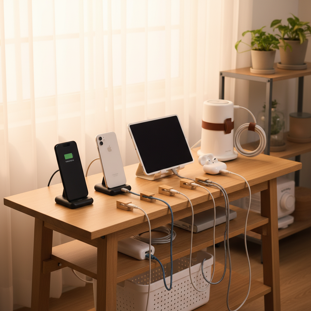 충전기와 소형 기기가 정리된 집 안 디지털 스테이션