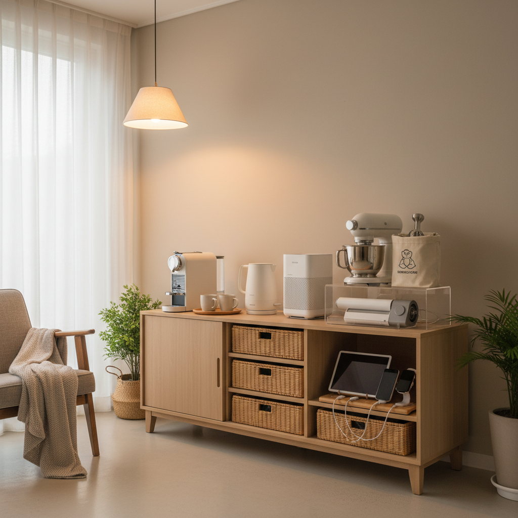 작은 가전의 쓰는 자리와 보관 자리를 분리한 생성 이미지