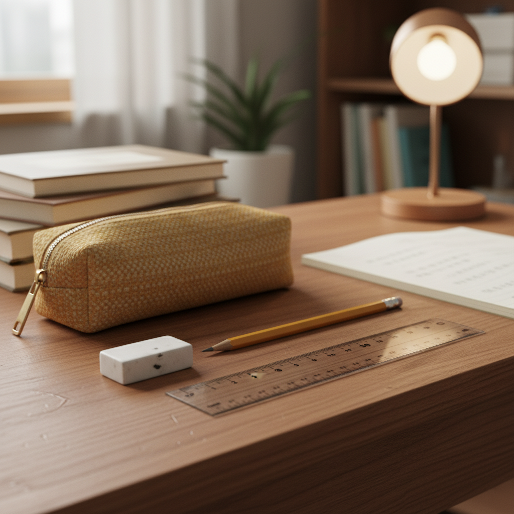 숙제 시작용 필통과 지우개, 연필만 앞줄에 둔 생성 이미지