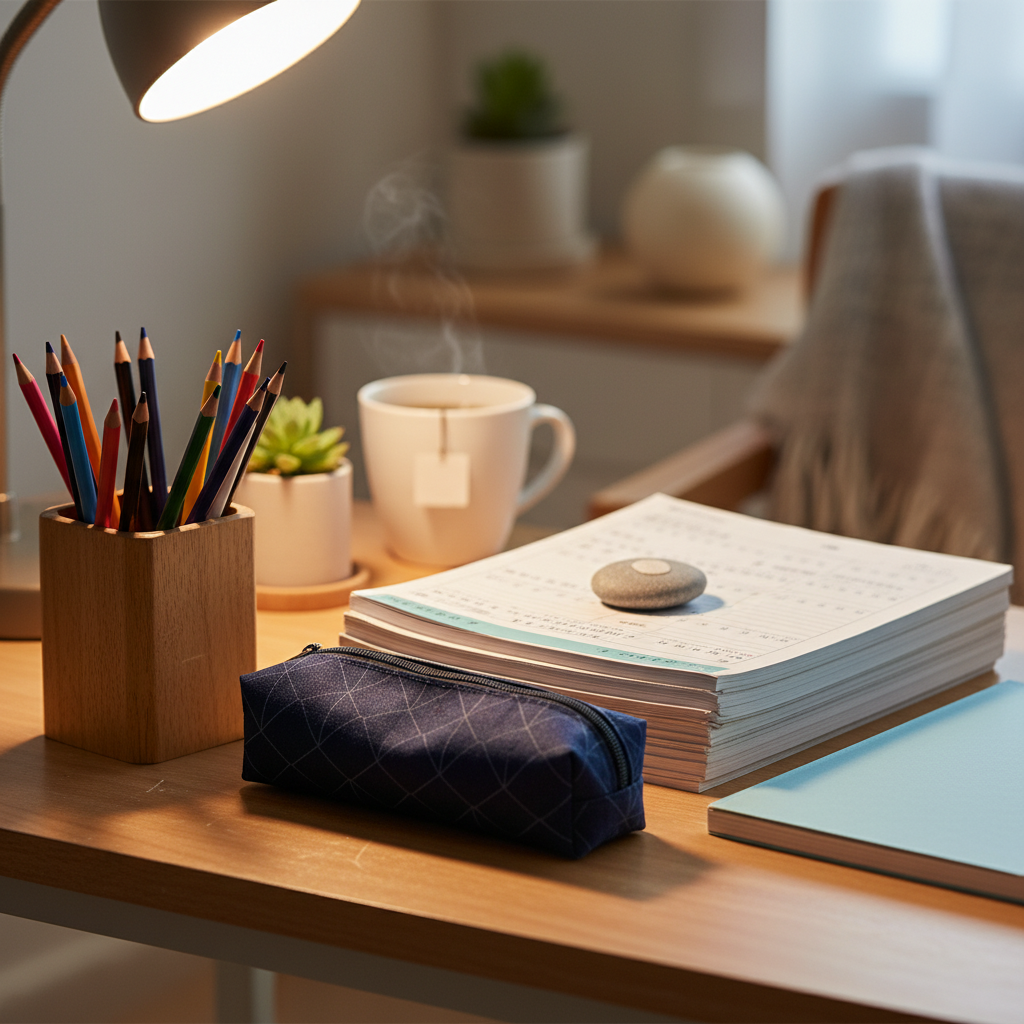 숙제 후 3분 동안 책상을 다시 정리하는 생성 이미지