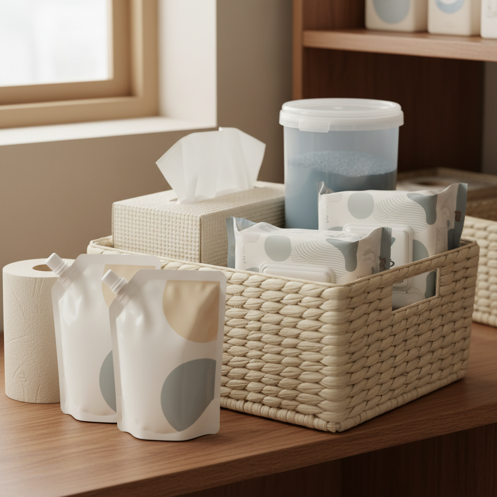 생활 소모품 바구니와 리필 물품이 깔끔하게 정리된 수납 장면