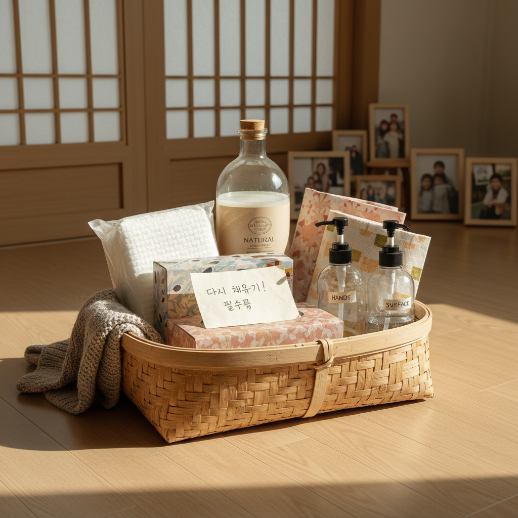 생활소모품 바구니 앞에 다음 보충 순서를 적은 작은 메모와 리필 품목을 둔 생성 이미지