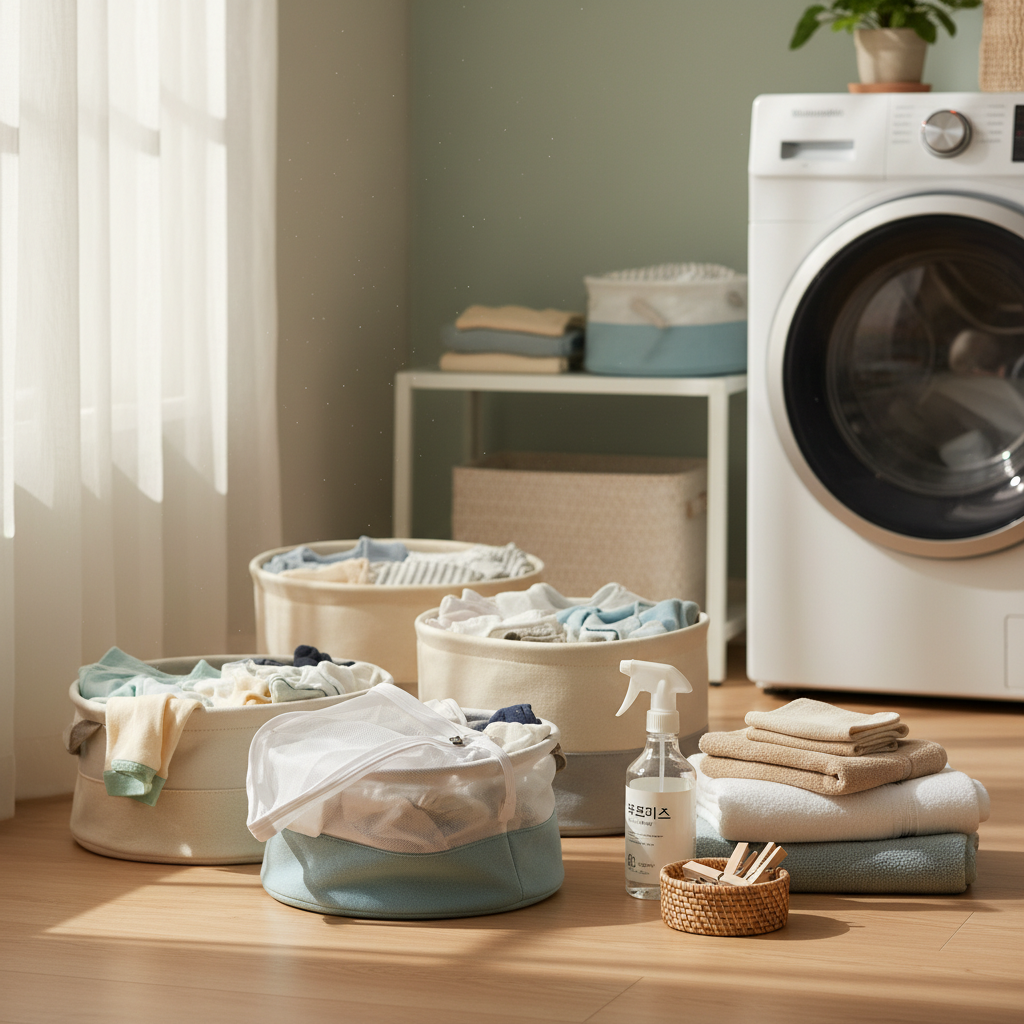 아이 빨래를 종류별로 나눠 정리한 밝은 세탁 공간