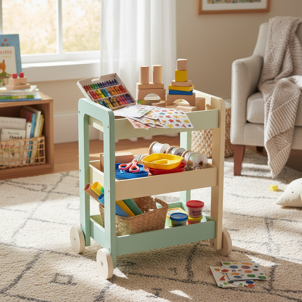 아이 장난감 카트와 만들기 재료가 정돈된 놀이 공간