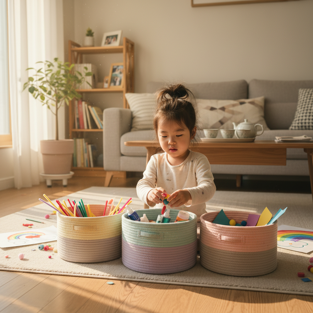 놀이가 끝난 뒤 아이가 작은 바구니에 재료를 다시 담는 생성 이미지