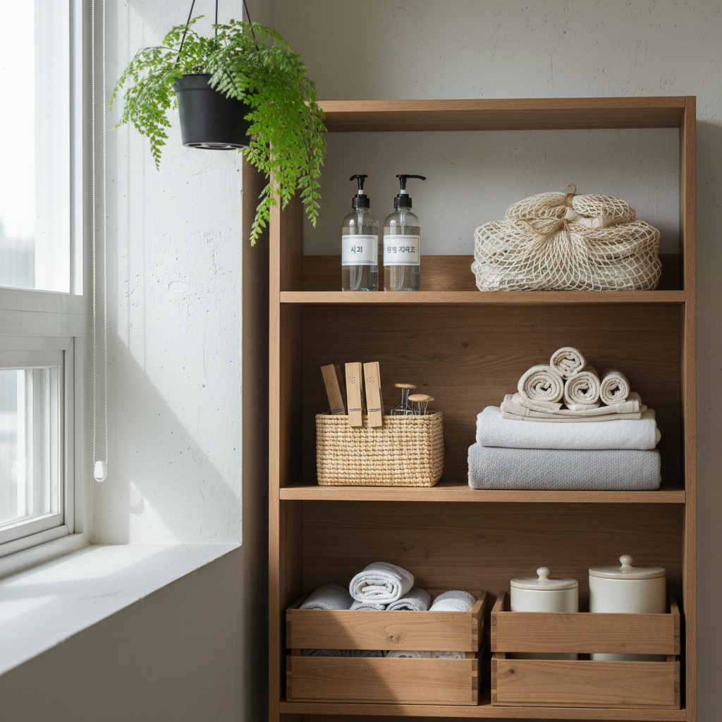 세제와 세탁망, 얼룩제거제를 세탁 선반 한 칸에 정리한 생성 이미지