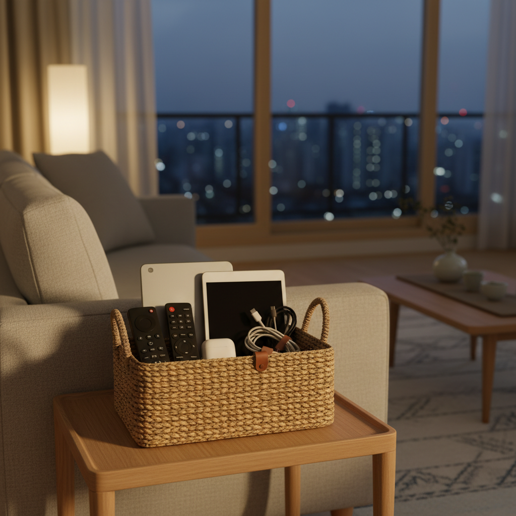 거실 바구니 안에 리모컨과 태블릿, 충전선을 정리한 생성 이미지
