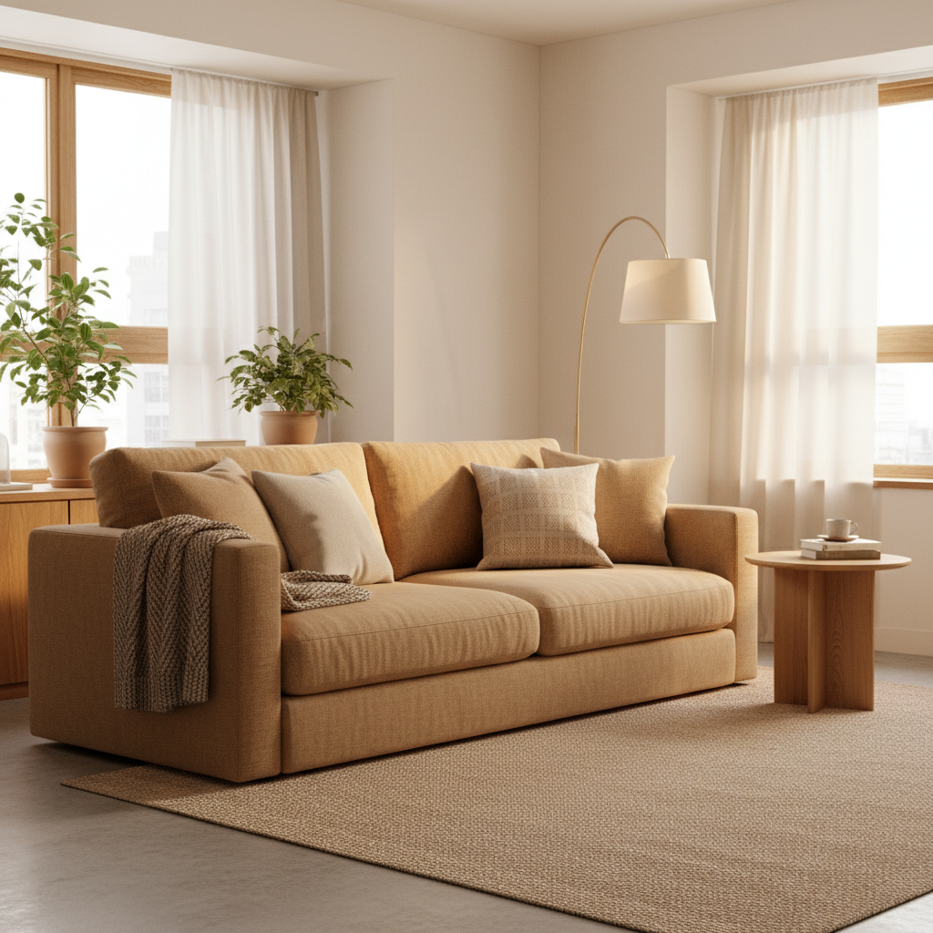 따뜻한 조명과 패브릭 소품이 어우러진 거실 코너