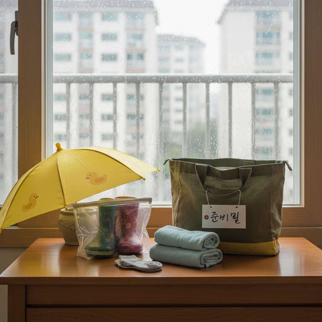 비 오는 날 등원 준비물이 차분하게 놓인 현관 수납 장면