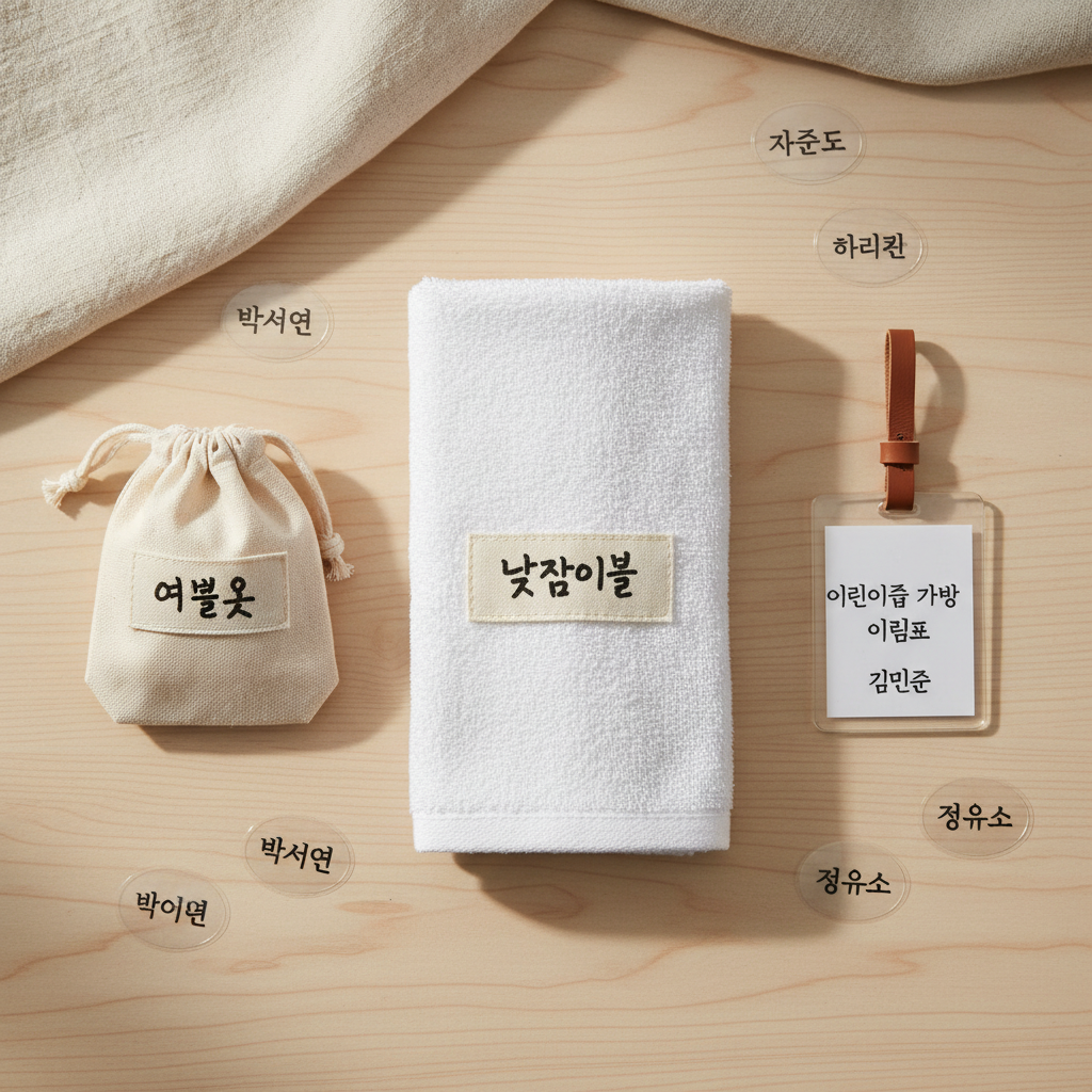 이름표가 붙은 수건과 파우치, 어린이집 가방 체크리스트를 정리한 생성 이미지