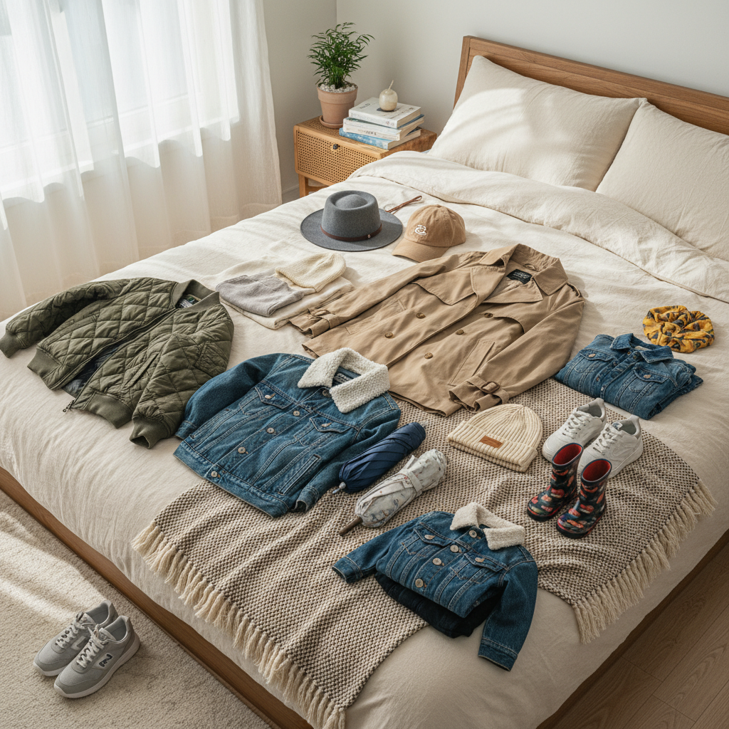 환절기 가족 옷과 소품이 침대 위에 가지런히 놓인 장면