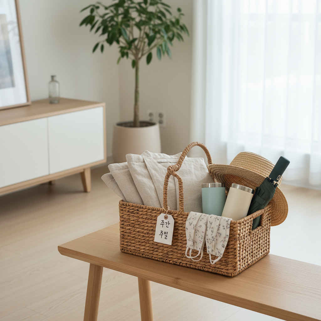 이번 주에만 필요한 얇은 겉옷과 텀블러, 마스크를 바구니에 담은 생성 이미지