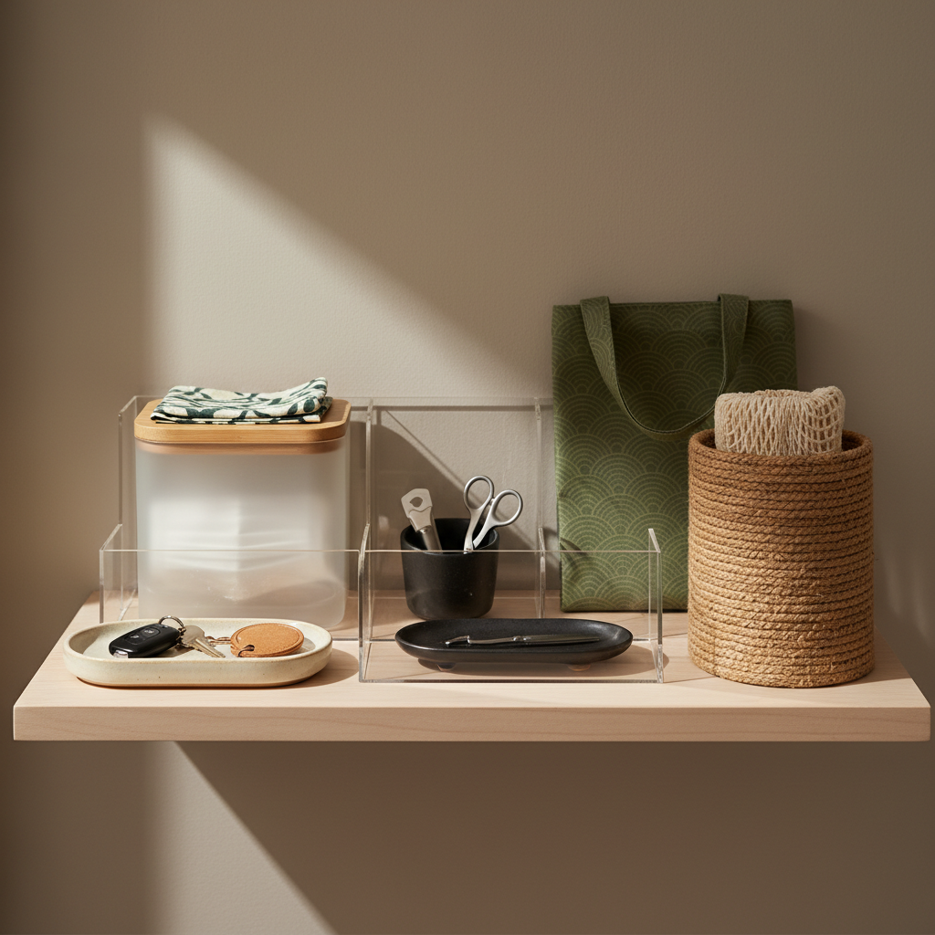 현관 선반 위에 열쇠 트레이와 마스크, 택배 커터, 장보기 봉투를 나눠 둔 생성 이미지