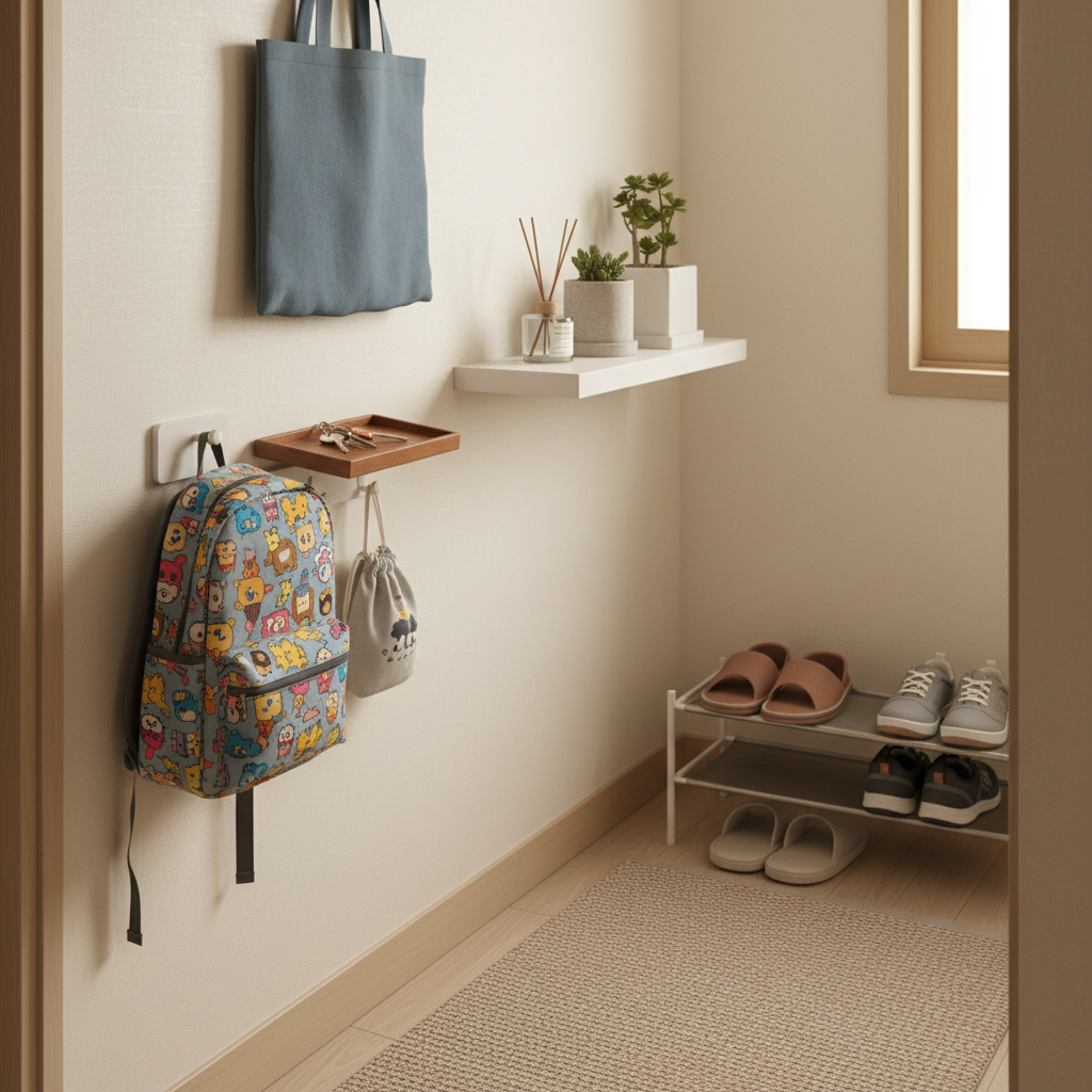 현관 수납 바구니와 외출 준비물이 정돈된 작은 집 입구