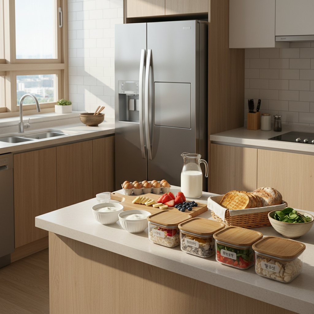 아침 식사 준비를 위해 냉장고 앞을 정리한 주방 장면