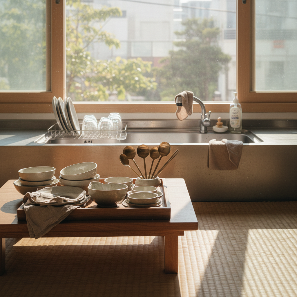 아침 식사 후 식탁과 싱크대 흐름을 바로 정리한 생성 이미지