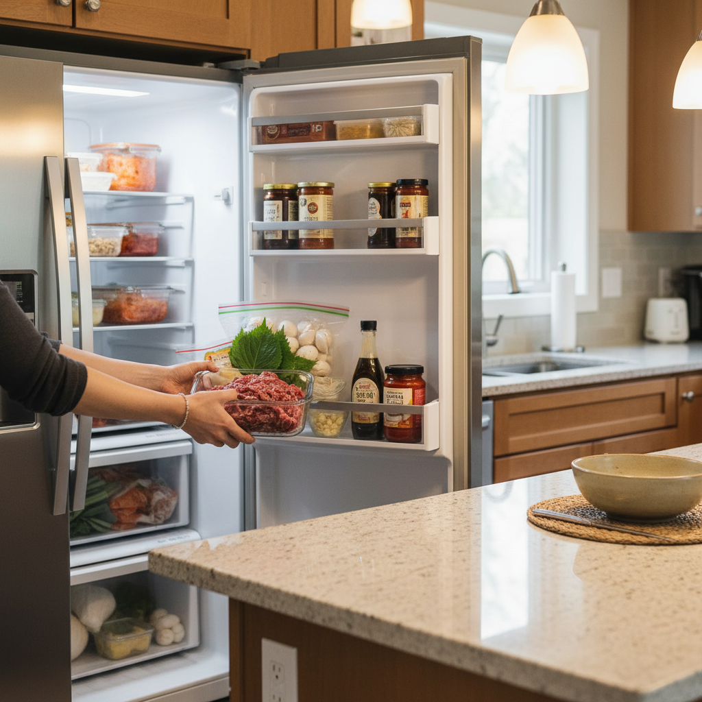 평일 저녁 조리 직전에 냉장고에서 한 번에 재료를 꺼내는 생성 이미지