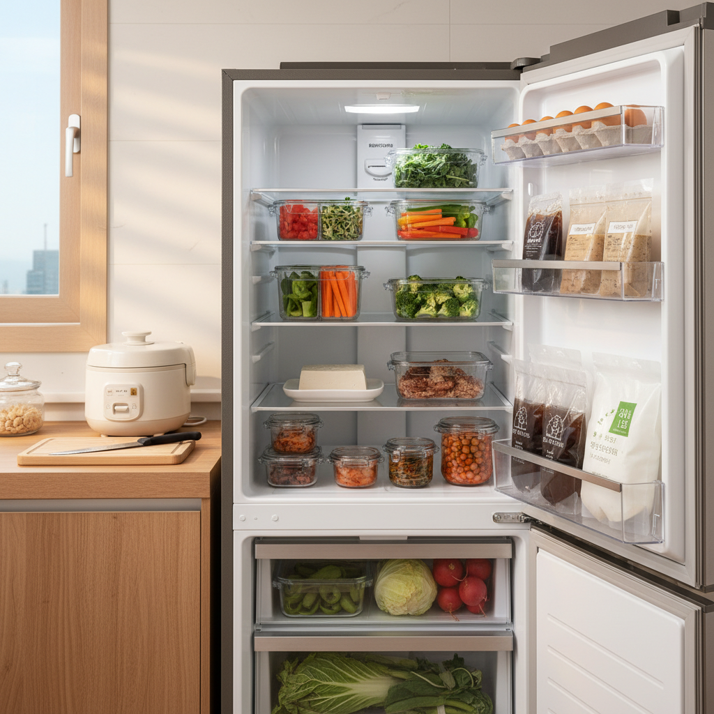 장 본 식재료와 밀프렙 용기가 부엌 테이블에 놓인 장면