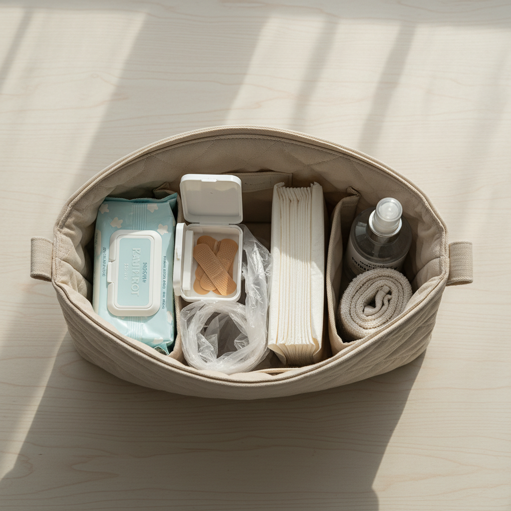 외출 전에 물티슈와 티켓 확인 메모를 한곳에 정리한 장면