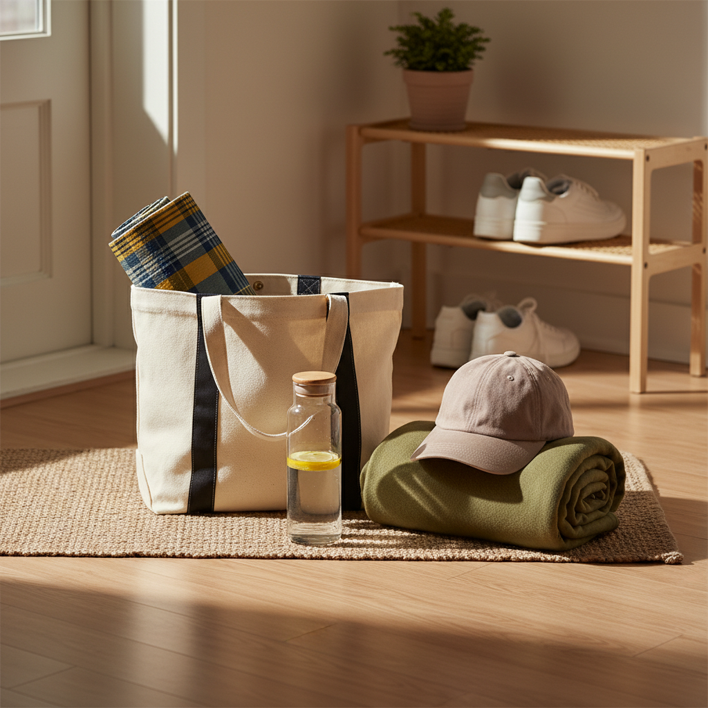 다음 외출을 위해 현관 근처에 가방과 모자, 작은 돗자리를 함께 둔 생성 이미지