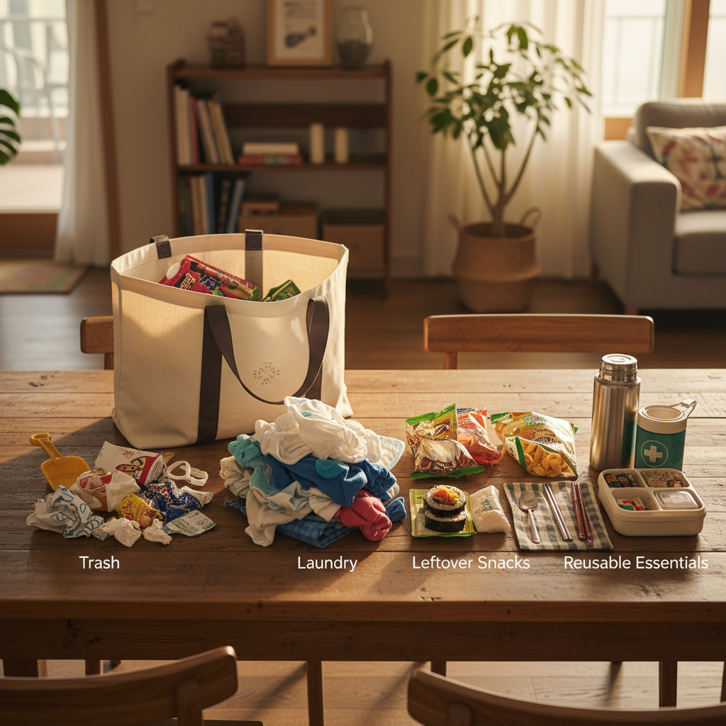 외출 가방에서 쓰레기와 세탁물, 남은 간식을 분리해 놓은 생성 이미지