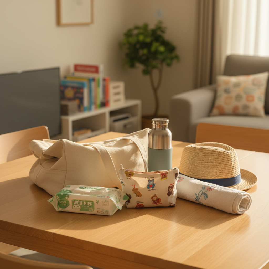 주말 외출 가방과 가족 준비물이 테이블에 정리된 장면